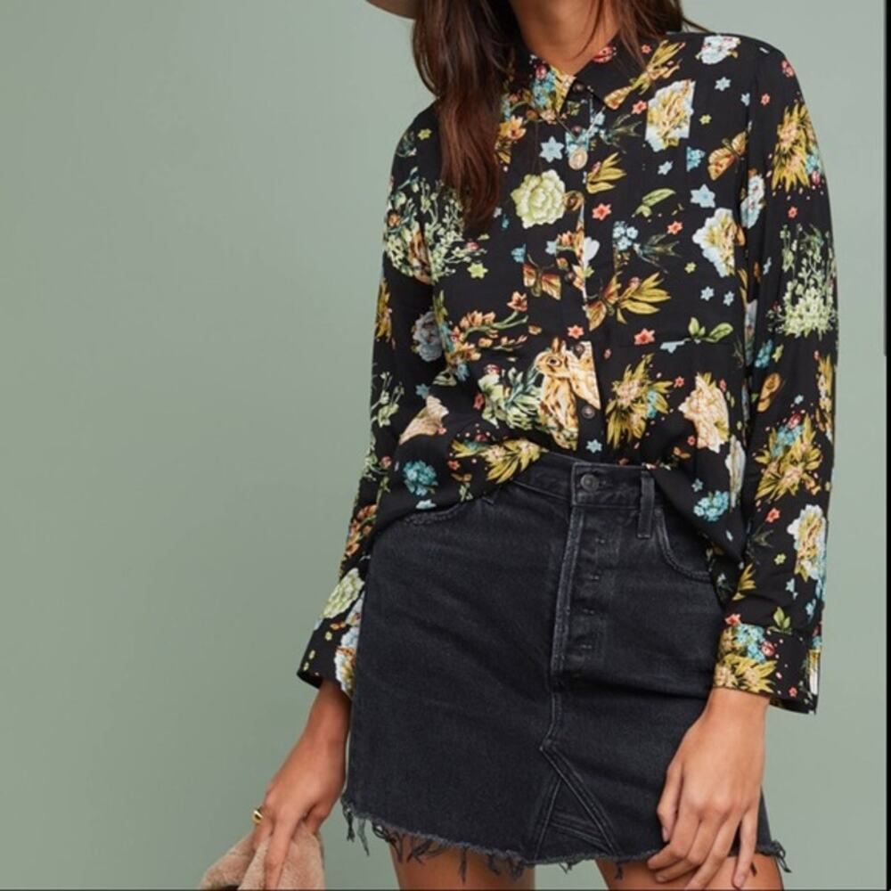 Anthropologie Maeve Black Floral Button-Down Shirt